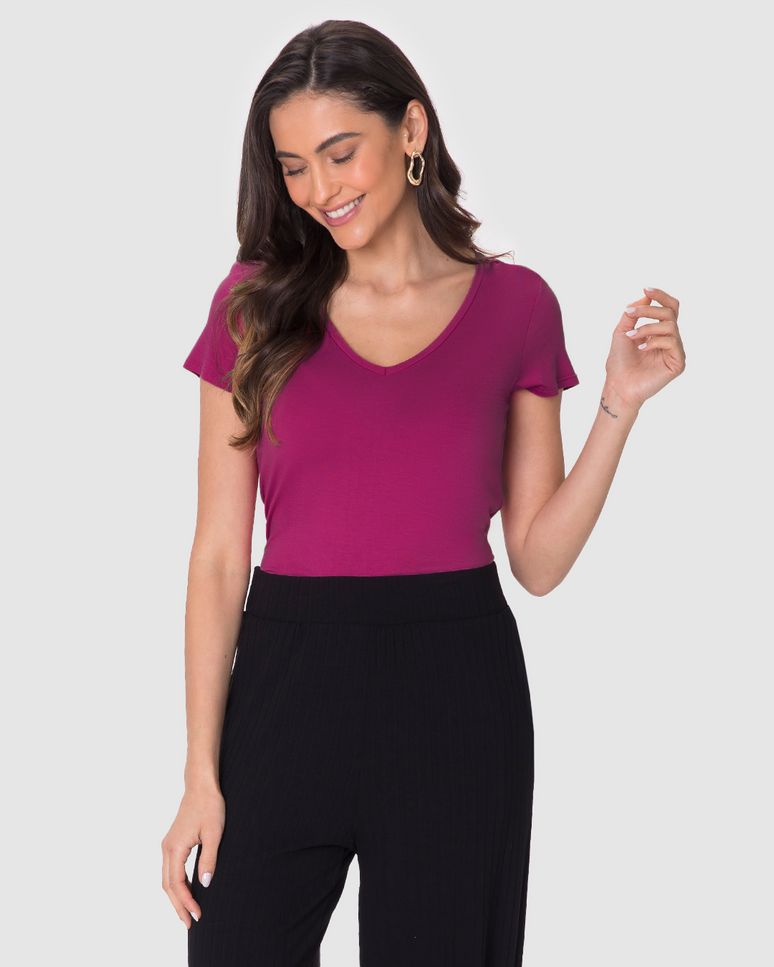 Blusa Básica Feminina Mullet Decote V Em Viscose Stretch