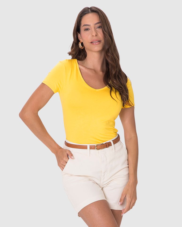 Blusa Básica Feminina Decote V Em Viscose Stretch