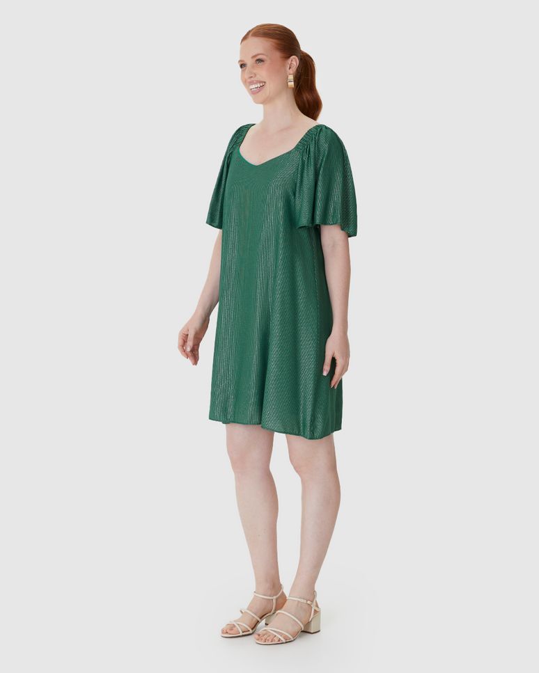 Vestido Feminino Evasê Manga Com Franzido Em Viscose Lurex