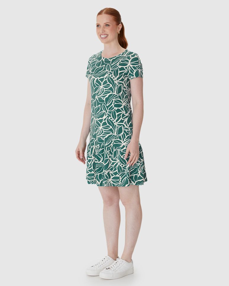 Vestido Feminino Evasê Estampado Barra Franzida Em Viscose Stretch