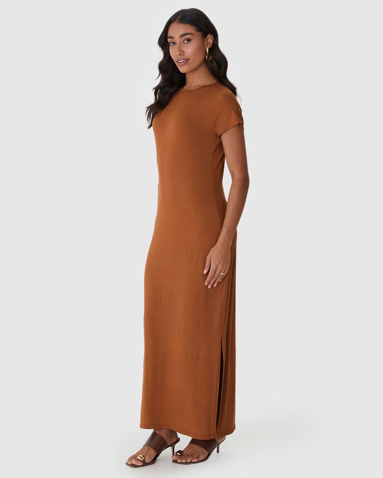 Vestido Midi Feminino Fenda Lateral Em Malha Viscolinho Stretch