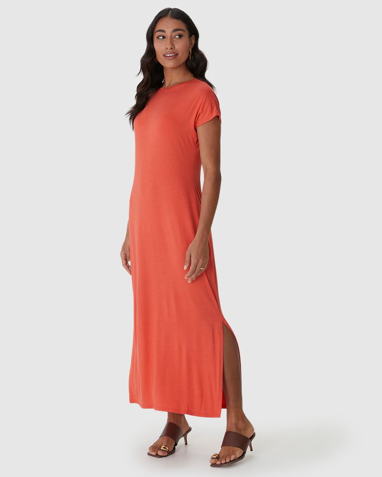 Vestido Midi Feminino Fenda Lateral Em Malha Viscolinho Stretch