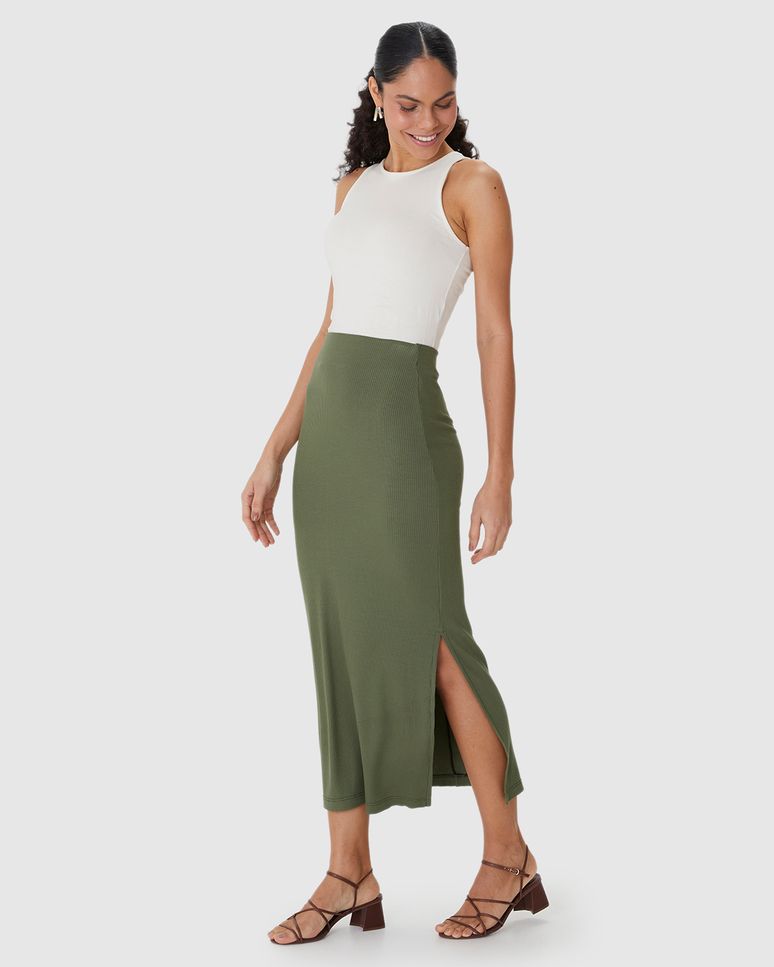 Saia Midi Feminina Básica Fenda Lateral Em Malha Viscose Canelada