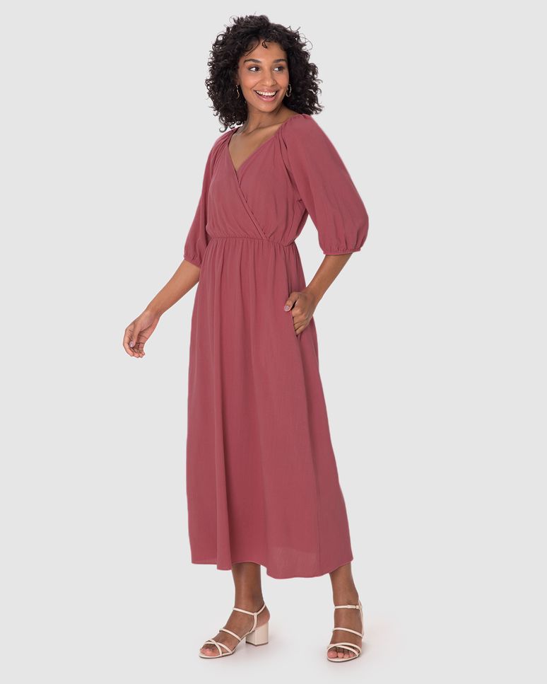 Vestido Midi Feminino Decote V Manga 3/4 Em Viscolinho Texturizado