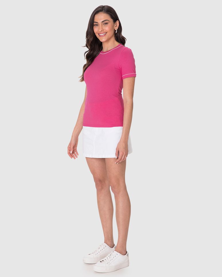 Blusa Básica Feminina Costura Contraste Em Malha Viscose Canelada