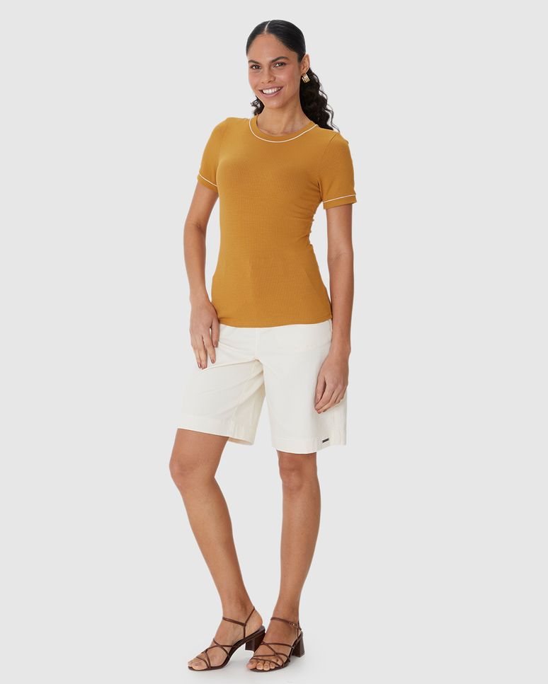 Blusa Básica Feminina Costura Contraste Em Malha Viscose Canelada