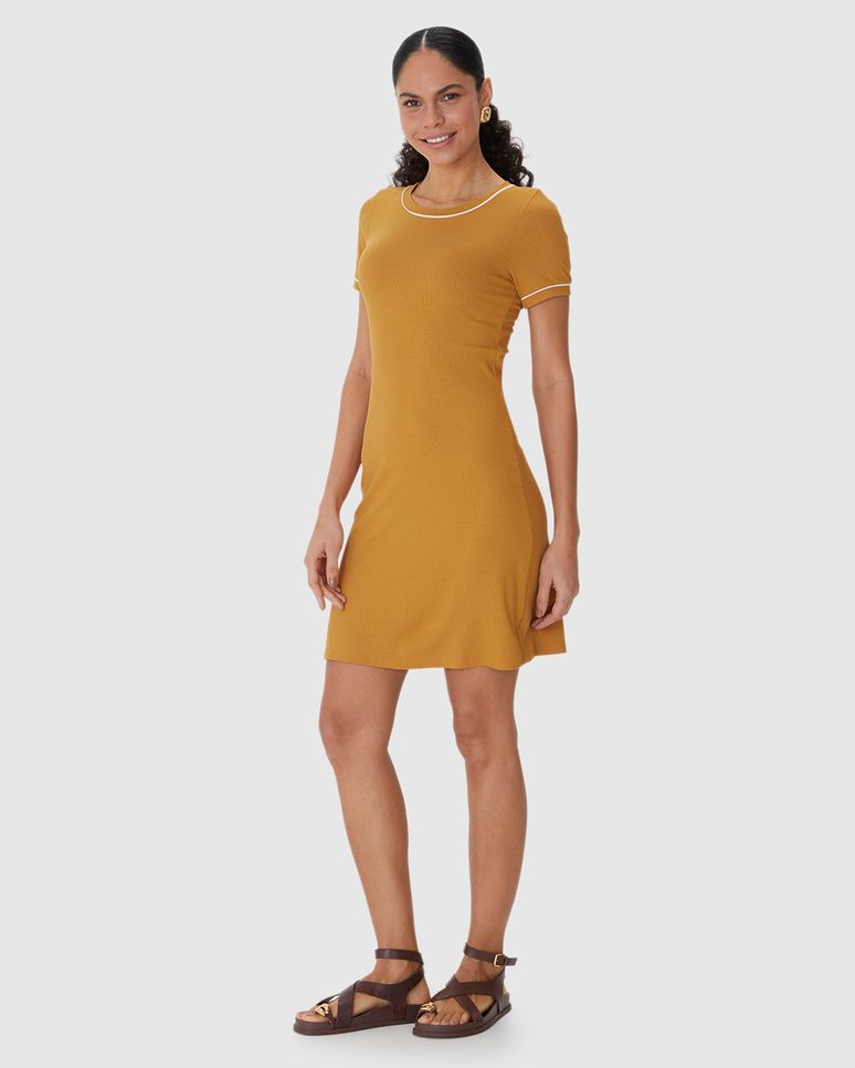 Vestido Básico Feminino Costura Contraste Em Malha Viscose Canelada