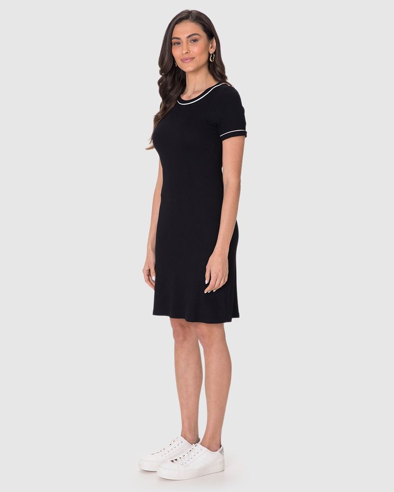 Vestido Básico Feminino Costura Contraste Em Malha Viscose Canelada