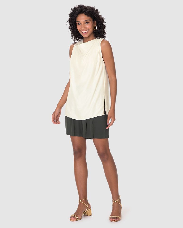 Blusa Feminina Evasê Decote Drapeado Fenda Lateral Em Viscose Lurex