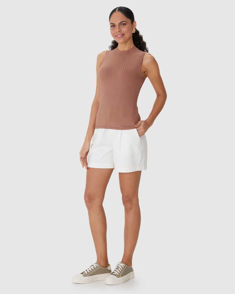 Regata Básica Feminina Justa Gola Alta Em Malha Viscose Canelada