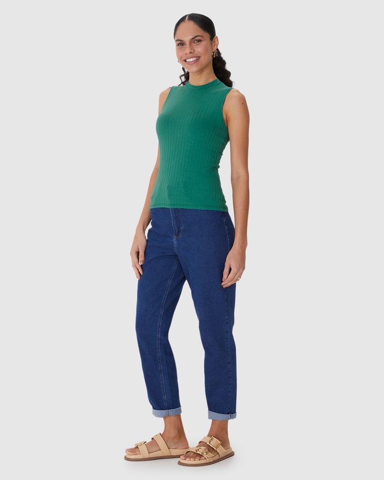 Regata Básica Feminina Justa Gola Alta Em Malha Viscose Canelada