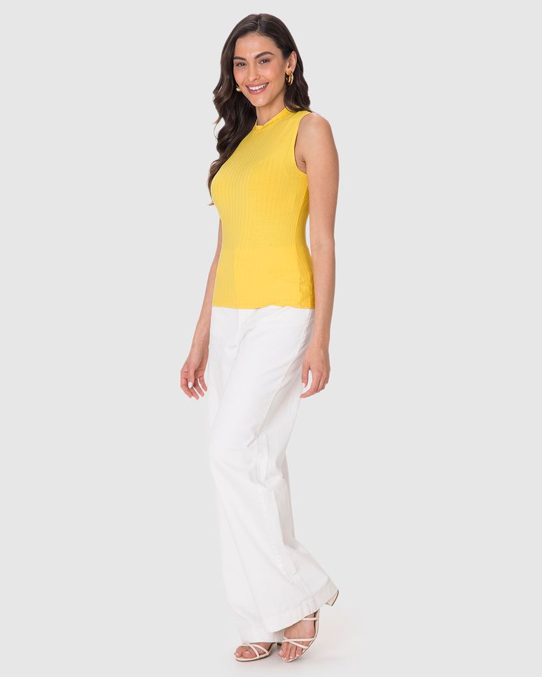 Regata Básica Feminina Justa Gola Alta Em Malha Viscose Canelada