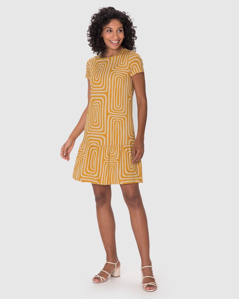 Vestido Feminino Evasê Estampado Barra Franzida Em Viscose Stretch