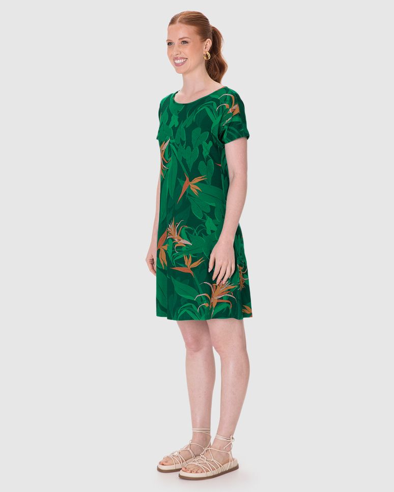 Vestido Feminino Evasê Manga Curta Estampa Digital Em Viscose Stretch