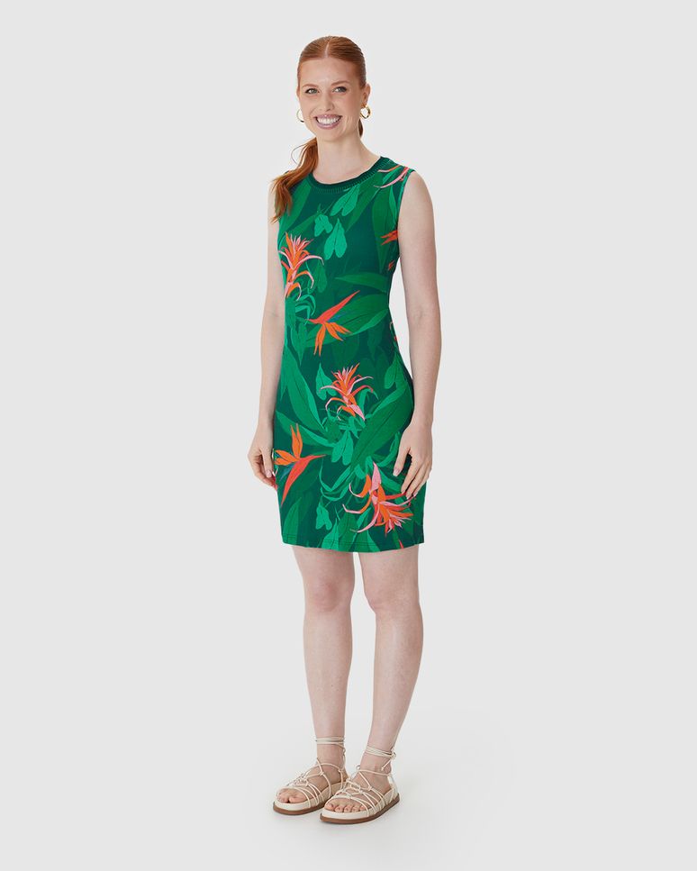 Vestido Feminino Estampado Gola Retilínea Em Viscose Stretch