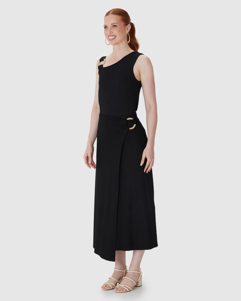 Saia Midi Feminina Evasê Detalhe Com Argola Em Malha Viscose Stretch