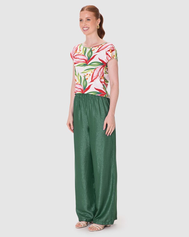 Calça Wide Leg Feminina Bolso Faca Em Viscose Lurex