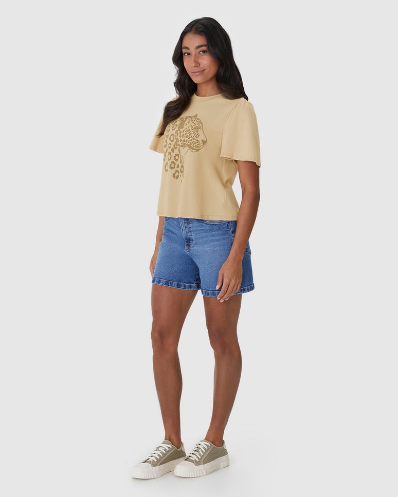 Camiseta Feminina Estampa Puff Alto-Relevo Manga Franzida Em Algodão