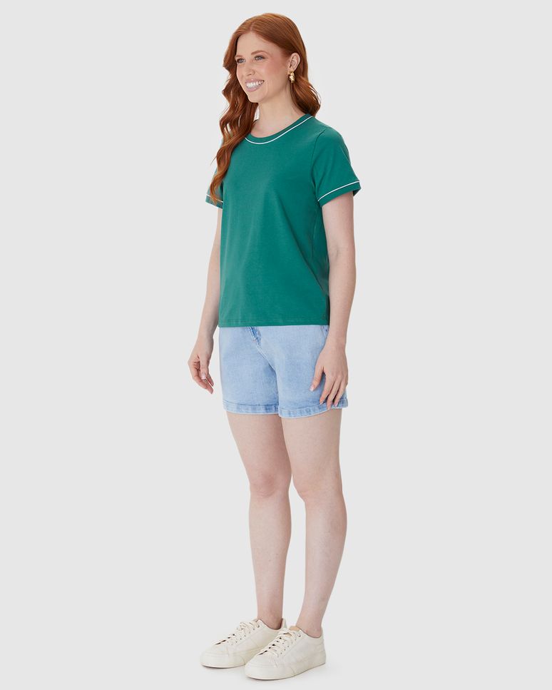 Blusa Básica Feminina Decote Redondo Costura Contraste Em Algodão