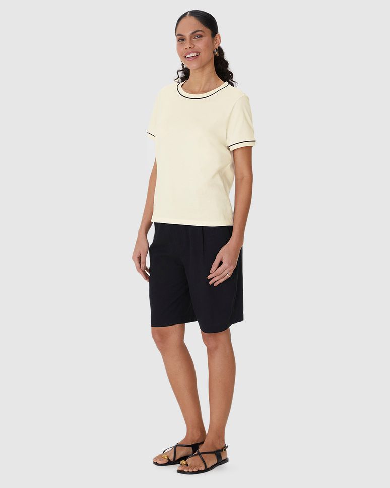 Blusa Básica Feminina Decote Redondo Costura Contraste Em Algodão