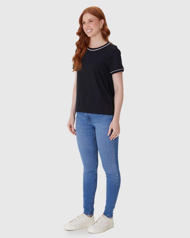 Blusa Básica Feminina Decote Redondo Costura Contraste Em Algodão