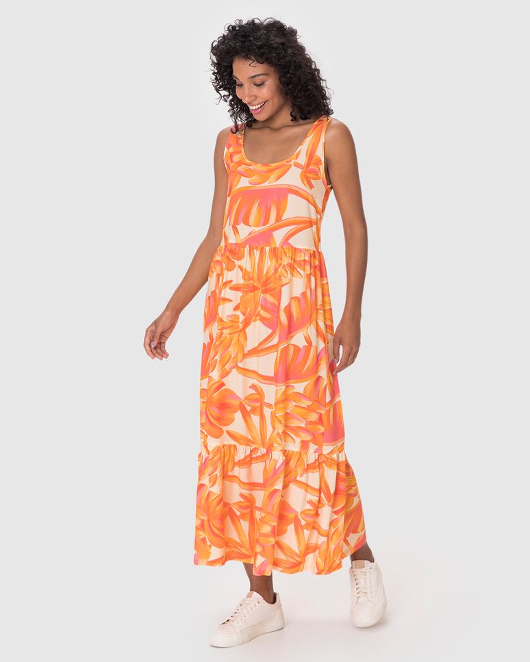 Vestido Midi Feminino Estampado Amplo Decote Quadrado Em Viscose