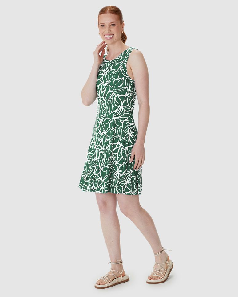 Vestido Feminino Evasê Sem Manga Estampa Folhagem Em Malha Viscose Canelada