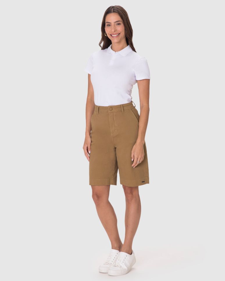 Bermuda Feminina Jorts Cintura Alta Bolso Funcional Em Sarja Com Elastano