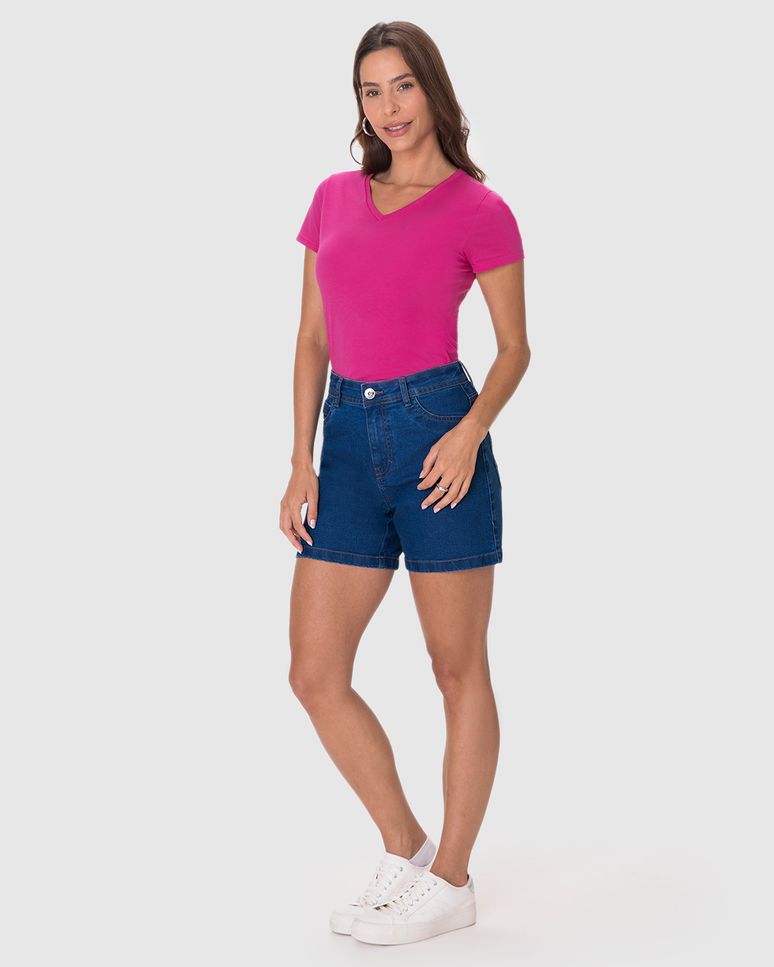 Shorts Feminino Comfort Bolso Funcional Etiqueta Decorativa Em Jeans Stretch