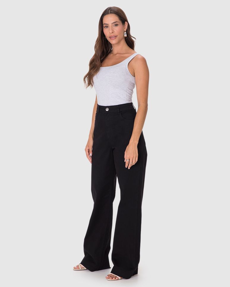 Calça Wide Leg Feminina Cintura Alta Em Sarja Com Elastano