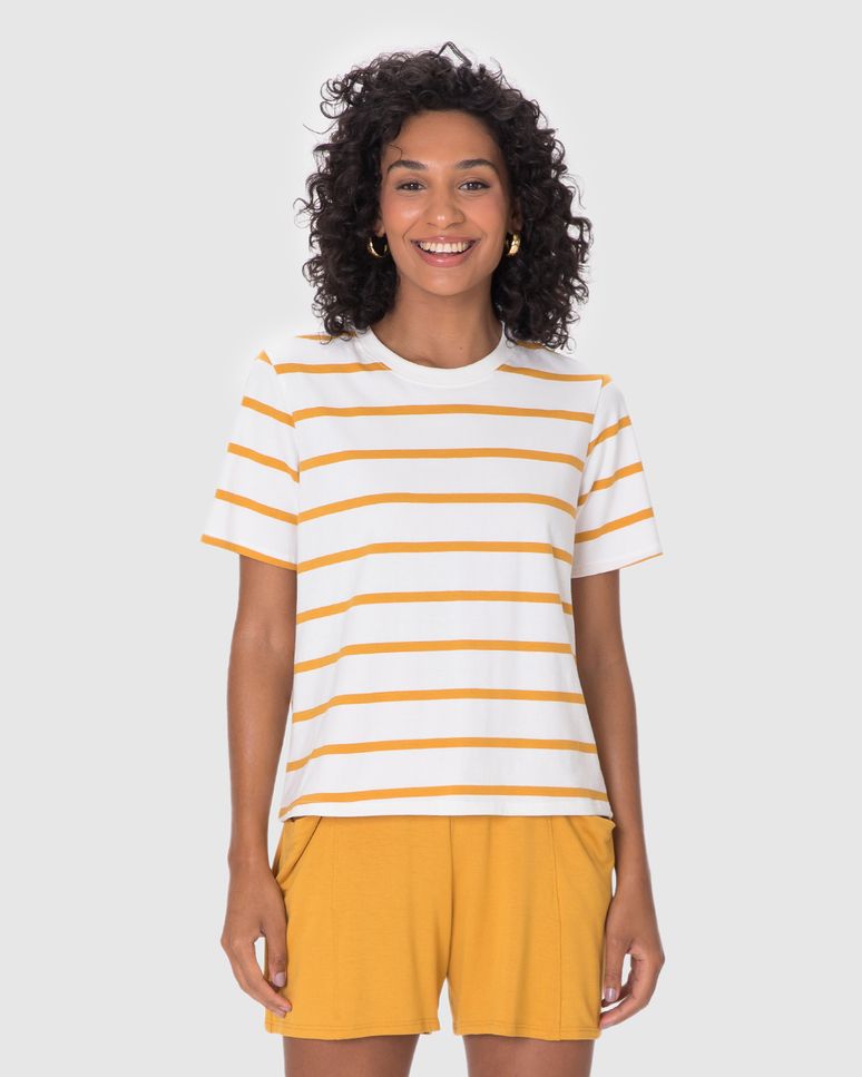Camiseta Feminina Reta Manga Curta Em Malha Listrada