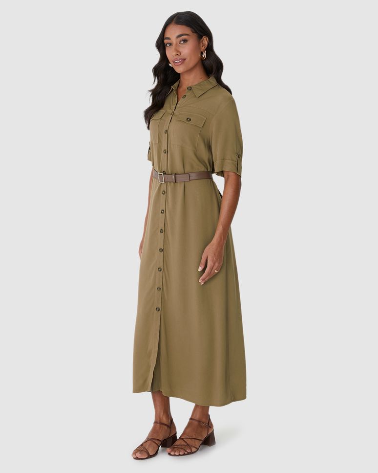 Vestido Midi Feminino Chemise Acompanha Cinto Em Viscose Sarjada