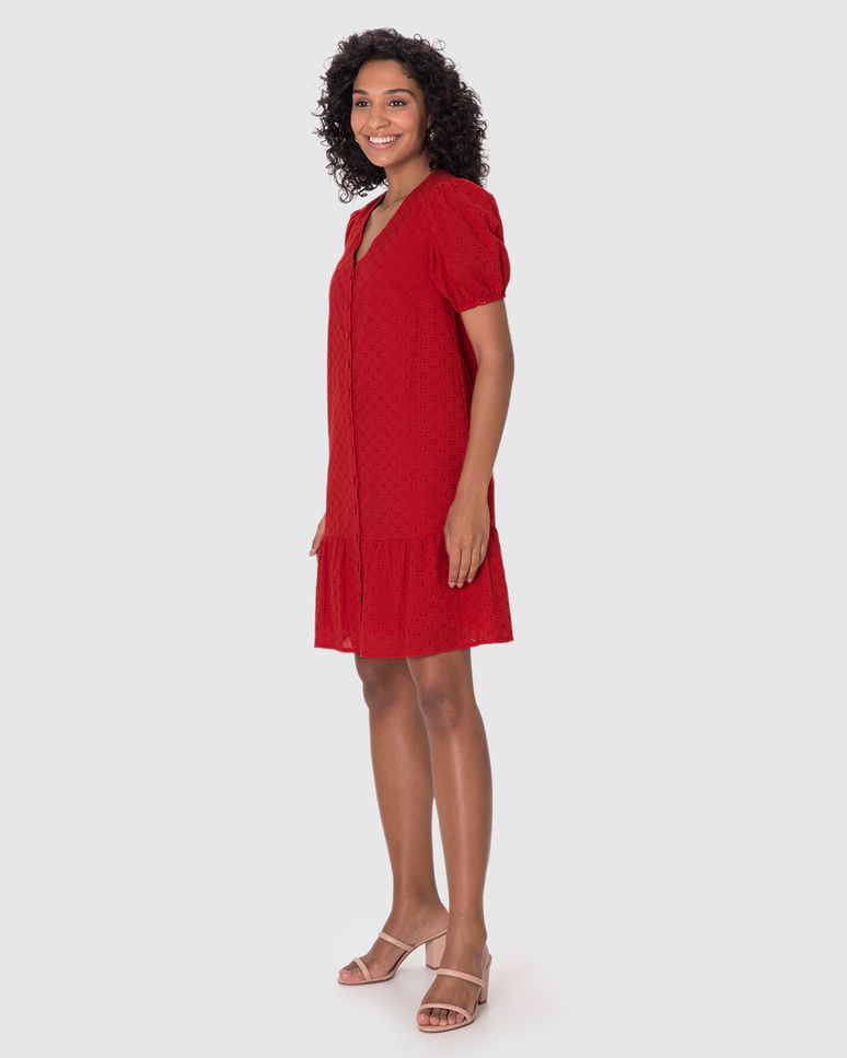 Vestido Feminino Decote V Abotoamento Frontal Em Laise Algodão