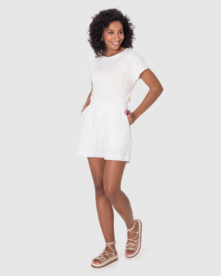 Shorts Alfaiataria Feminino Detalhe Bordado Em Laise Algodão