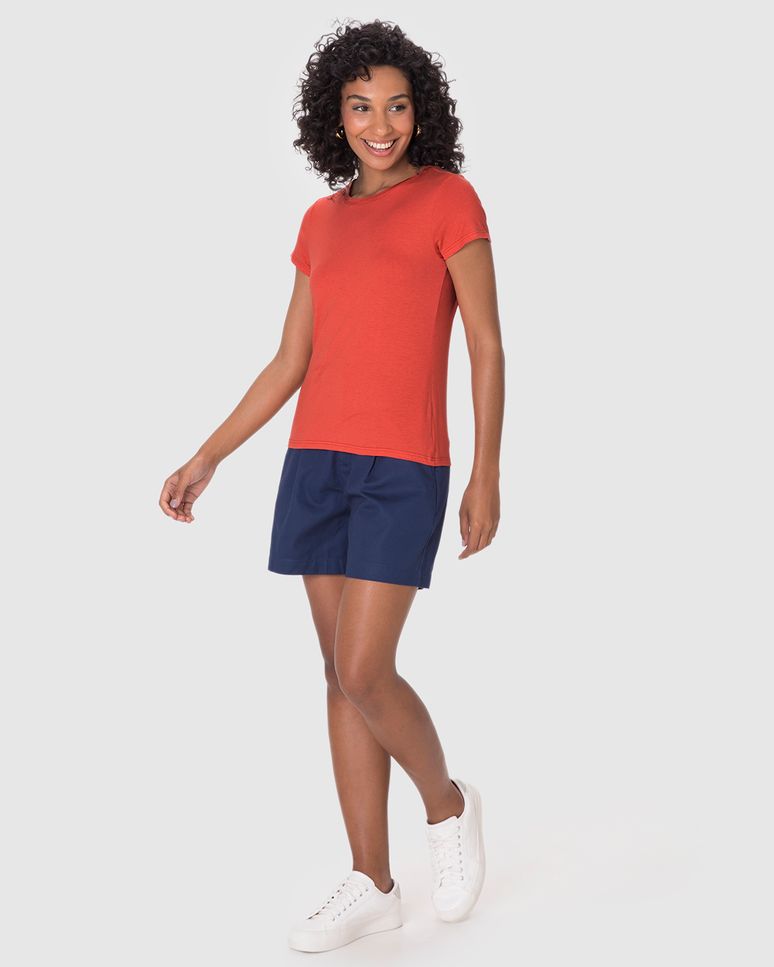 Blusa Básica Feminina Manga Curta Em Malha Viscolinho Stretch