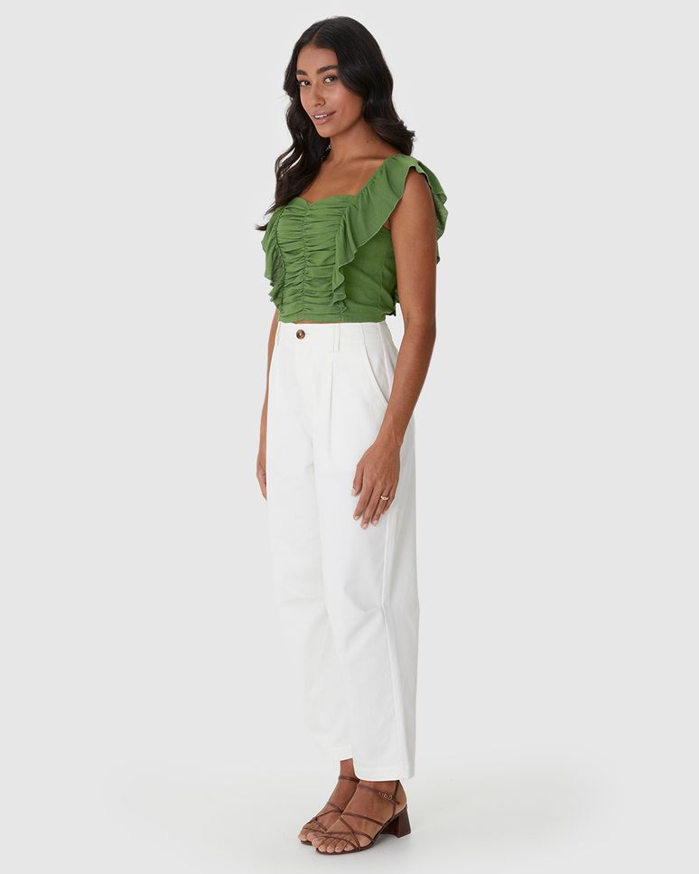 Regata Cropped Feminina Com Babados Em Viscolinho