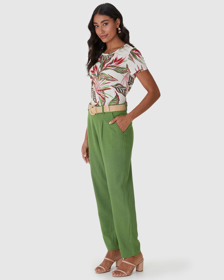 Calça Reta Feminina Cintura Alta Acompanha Cinto Em Viscolinho