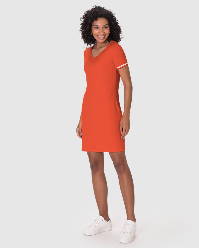 Vestido Básico Feminino Manga Retilínea Em Malha Viscose Canelada