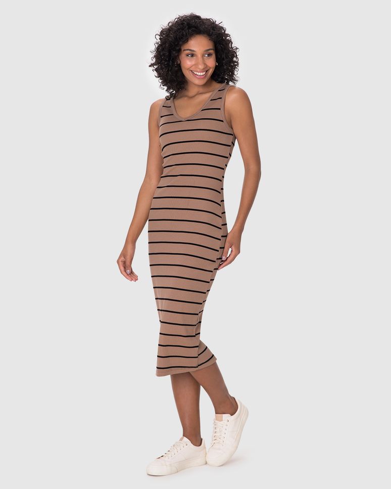 Vestido Midi Feminino Decote V Listrado Em Ribana