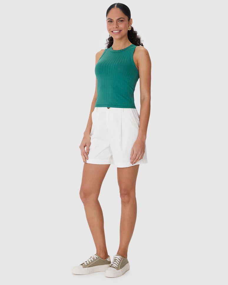 Regata Básica Feminina Long Cropped Em Malha Canelada De Viscose