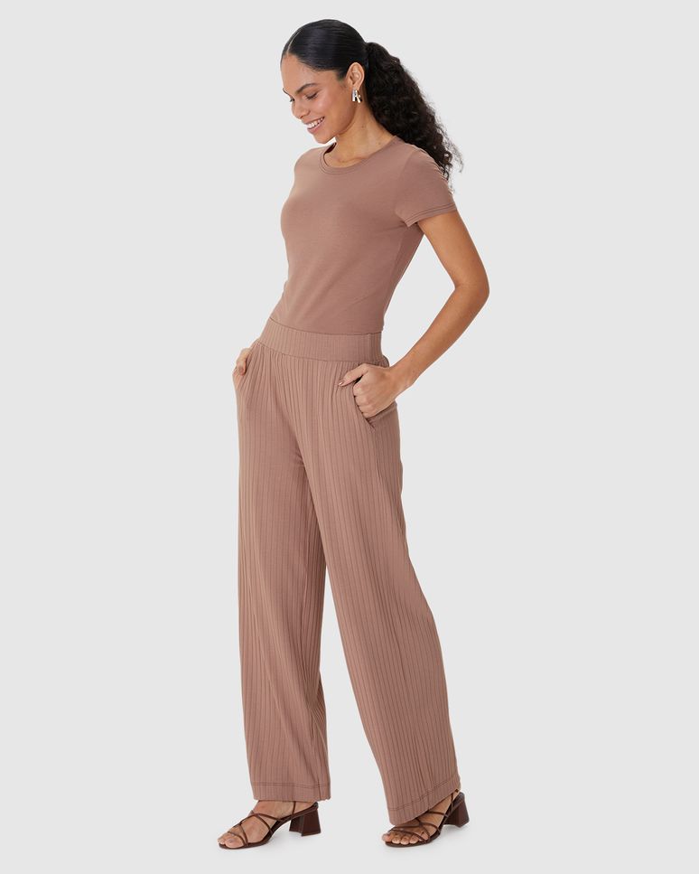 Calça Wide Leg Feminina Cintura Alta Em Malha Canelada De Viscose