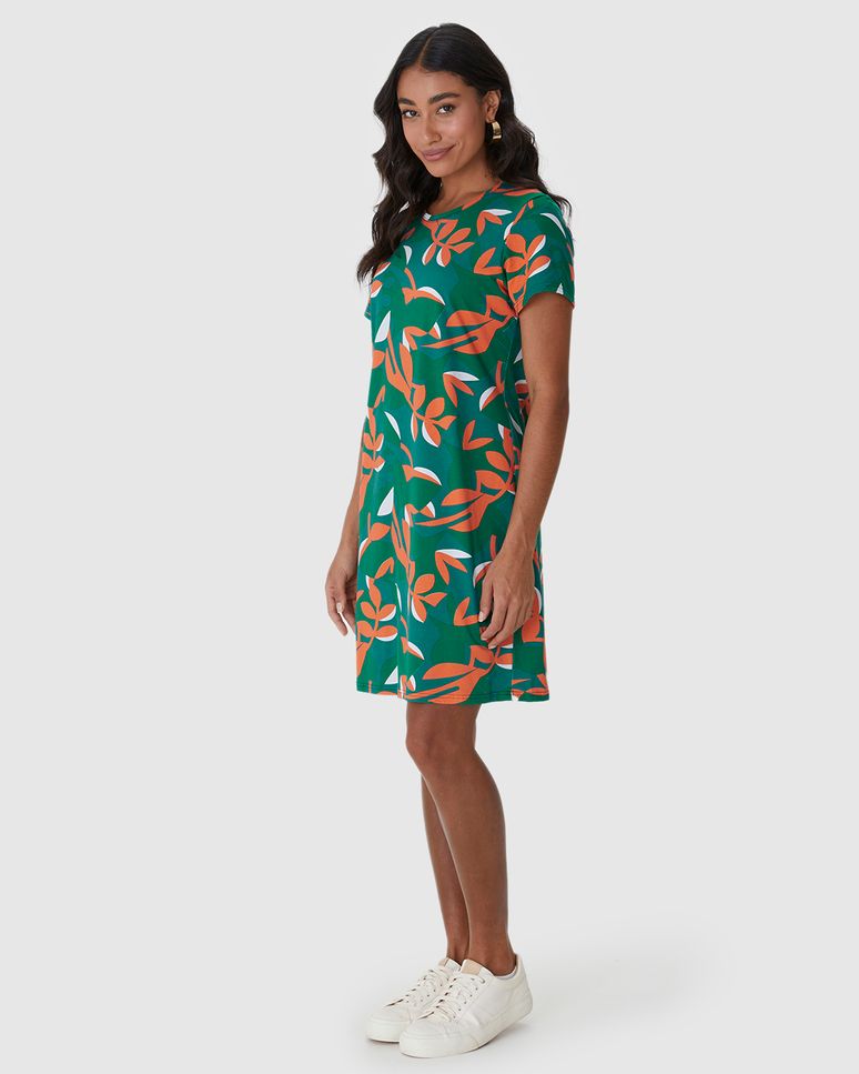 Vestido Feminino Estampado Com Decote Redondo Em Algodão