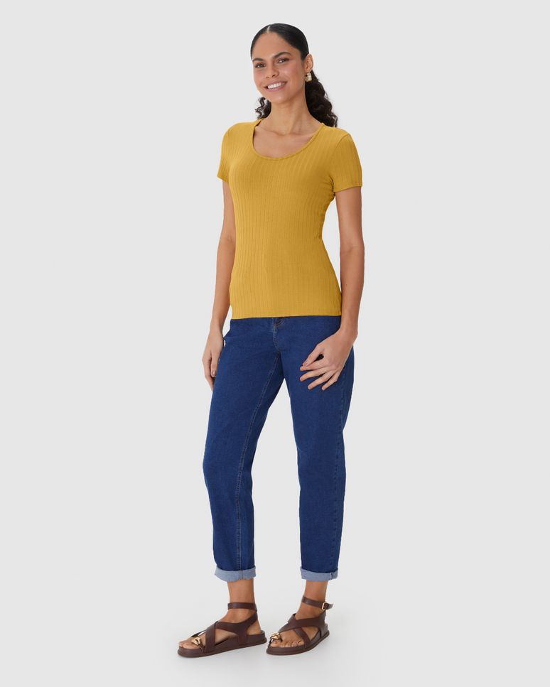 Blusa Básica Feminina Manga Curta Em Canelado De Viscose