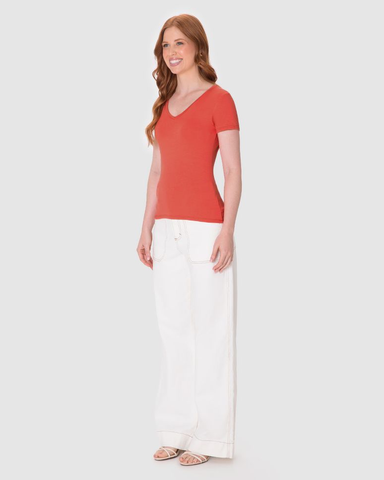 Blusa Básica Feminina Decote V Em Viscose Stretch