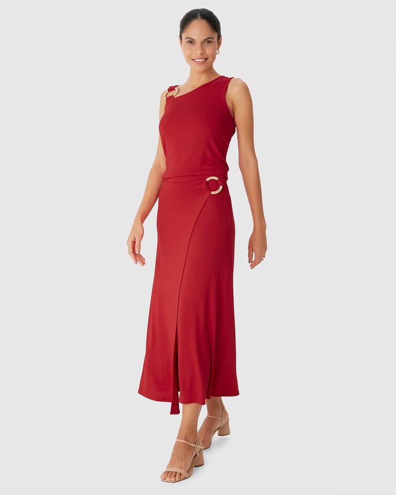 Saia Midi Feminina Evasê Detalhe Com Argola Em Malha Viscose Stretch