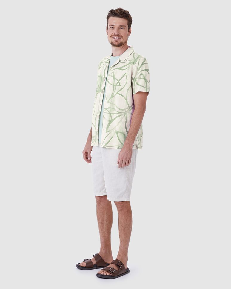 Camisa Masculina Estampa Folhagem Manga Curta Em Algodão