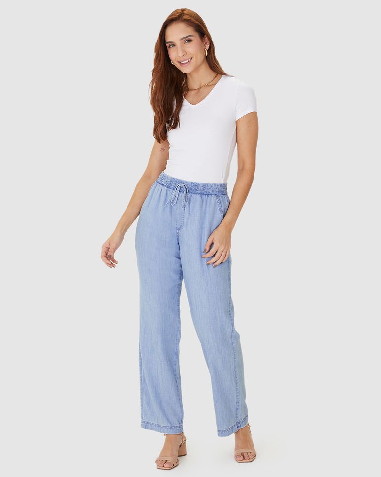 Calça Feminina Reta Cós Elástico Cadarço Frontal Em Jeans Leve