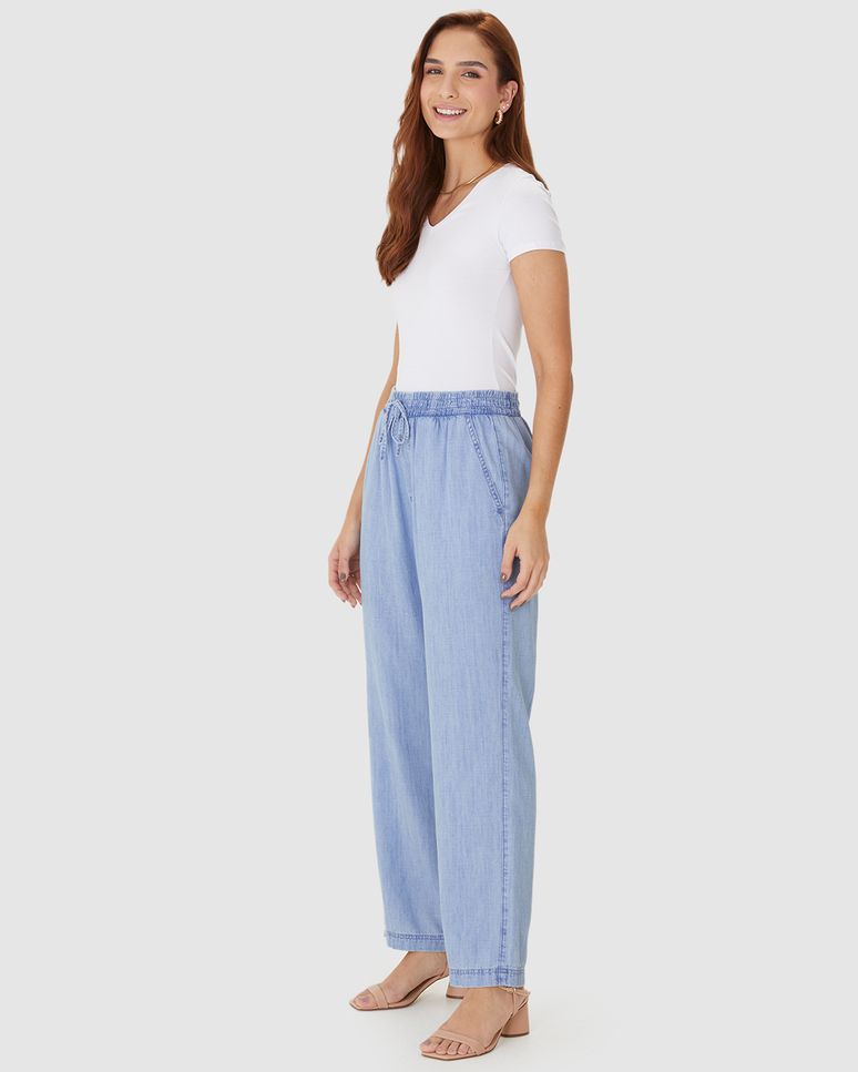 Calça Feminina Reta Cós Elástico Cadarço Frontal Em Jeans Leve