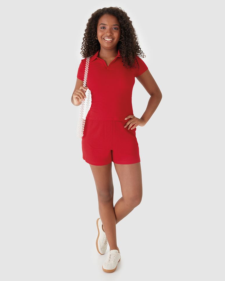 Conjunto Menina Blusa Polo Peitilho Frontal Malha Viscose Canelada Malwee Kids