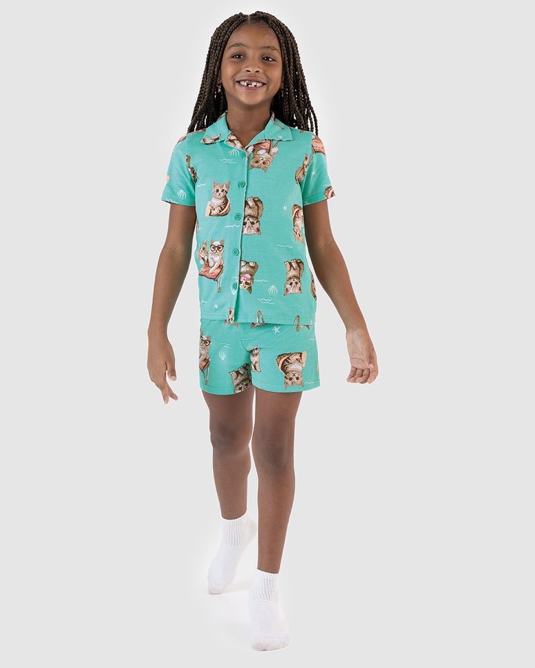 Pijama Infantil Menina Gatinhos Botões Frontais Em Algodão Malwee Kids